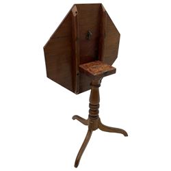 19th century walnut tripod table, square canted tilt-top with chamfered edge, turned pedestal with three splayed supports