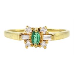 18ct gold emerald and diamond bow design cluster ring, marquise cut emerald, with baguette...