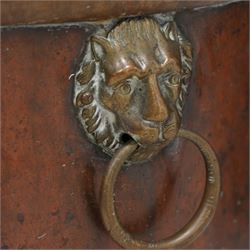 19th century copper and brass log basket, fitted with twin lion mask handles, raised on acanthus cast cabriole supports terminating to paw feet, united by X-stretcher