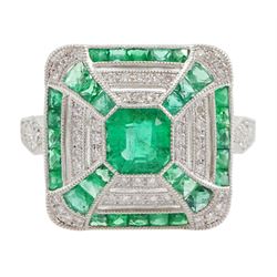 Platinum emerald and diamond square ring, the central octagonal cut emerald with calibre c...