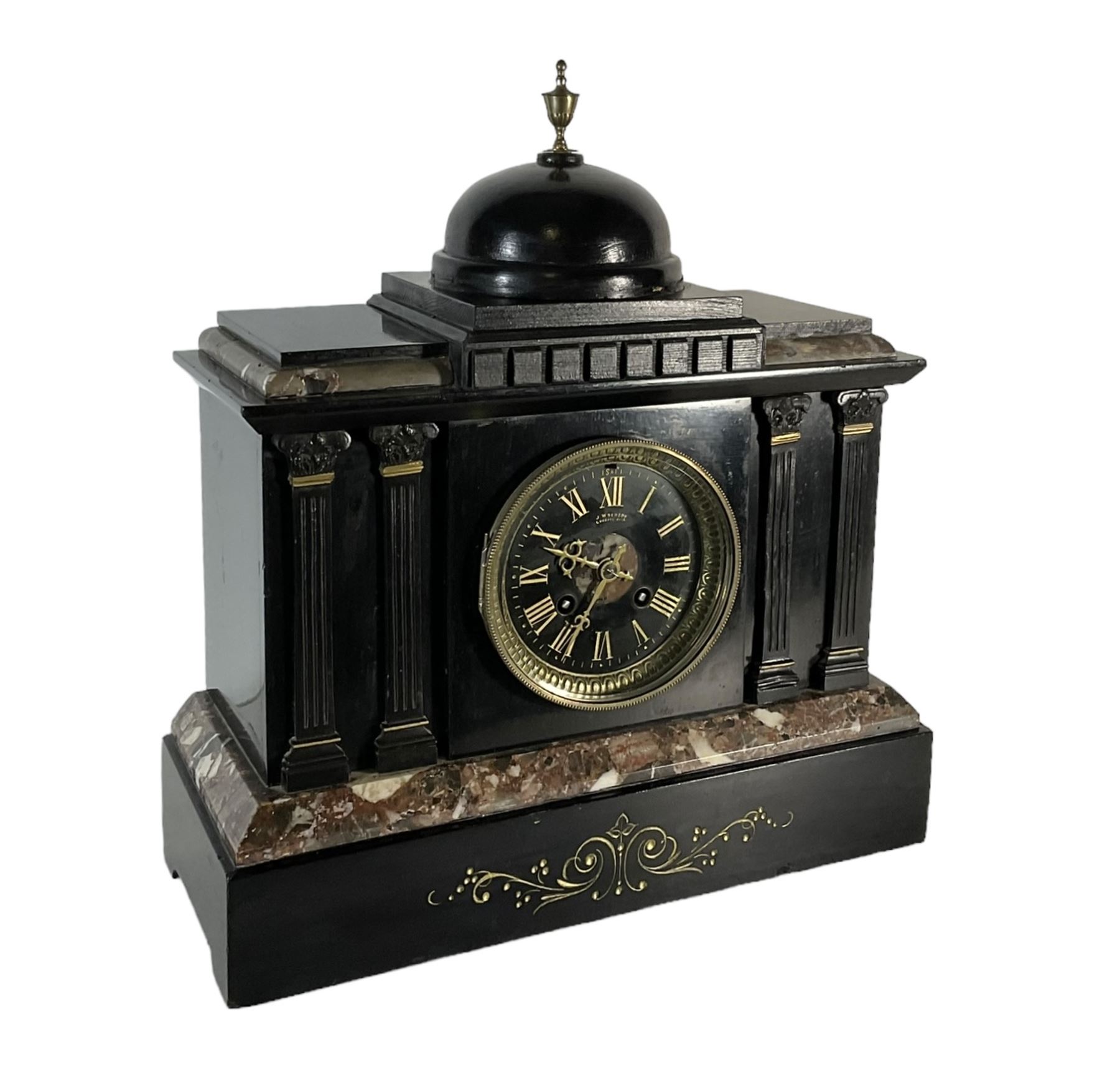 J.W. Benson of London -  8-day Belgium slate mantle clock c1880, stepped top with a central dome and brass finial, break front case with reeded columns and capitals, on a broad plinth with variegated marble and incised gilt decoration, conforming slate dial with contrasting gilt Roman numerals and brass hands, twin train striking movement, striking the hours and half-hours on a bell. With pendulum.