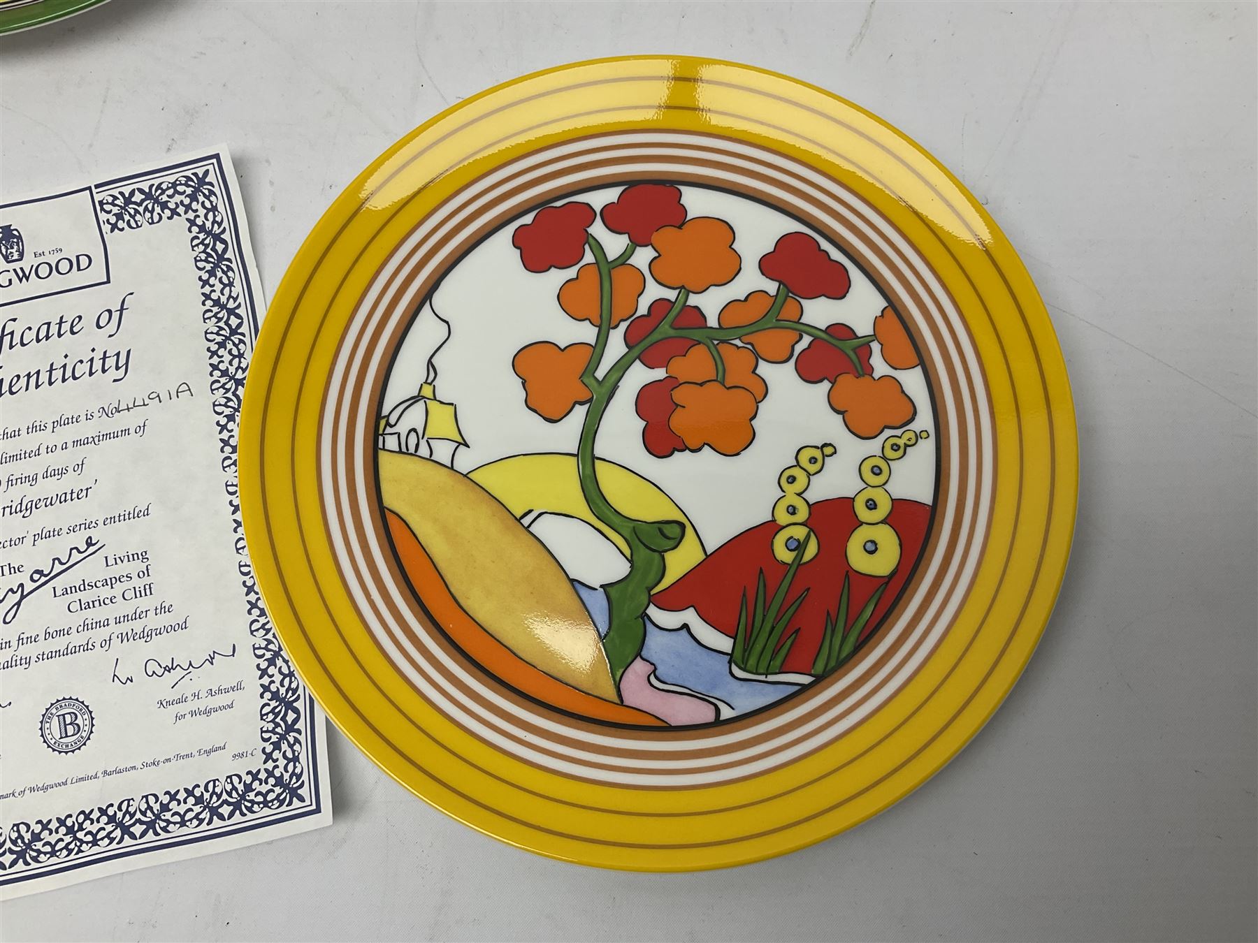 Thirteen Clarice Cliff Wedgwood limited edition plates, including Orange Roof Cottage, Summerhouse, Honolulu, Farmhouse etc, D20cm 