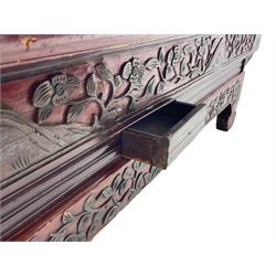 Mid-19th century Qing dynasty opium or wedding bed, Zhejiang province, rectangular top with weave cane work, the frieze rail carved with trailing leafy branches and flower heads, over moulded rail with small drawer, shaped base carved with further tailing foliate decoration terminating to shaped feet, united by stretchers 