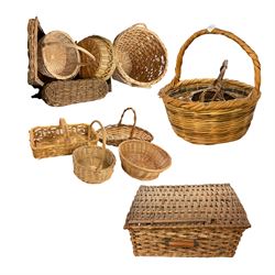 Large collection of wicker baskets, bucket and two copper pans 