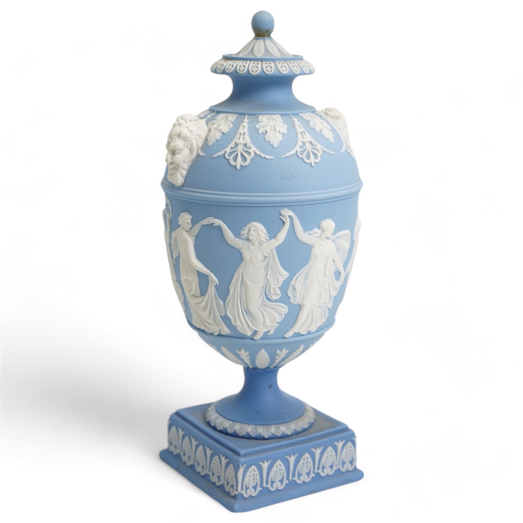 Group of five late 19th and early 20th century Wedgwood blue jasperware urn vases, H28cm and smaller (5)