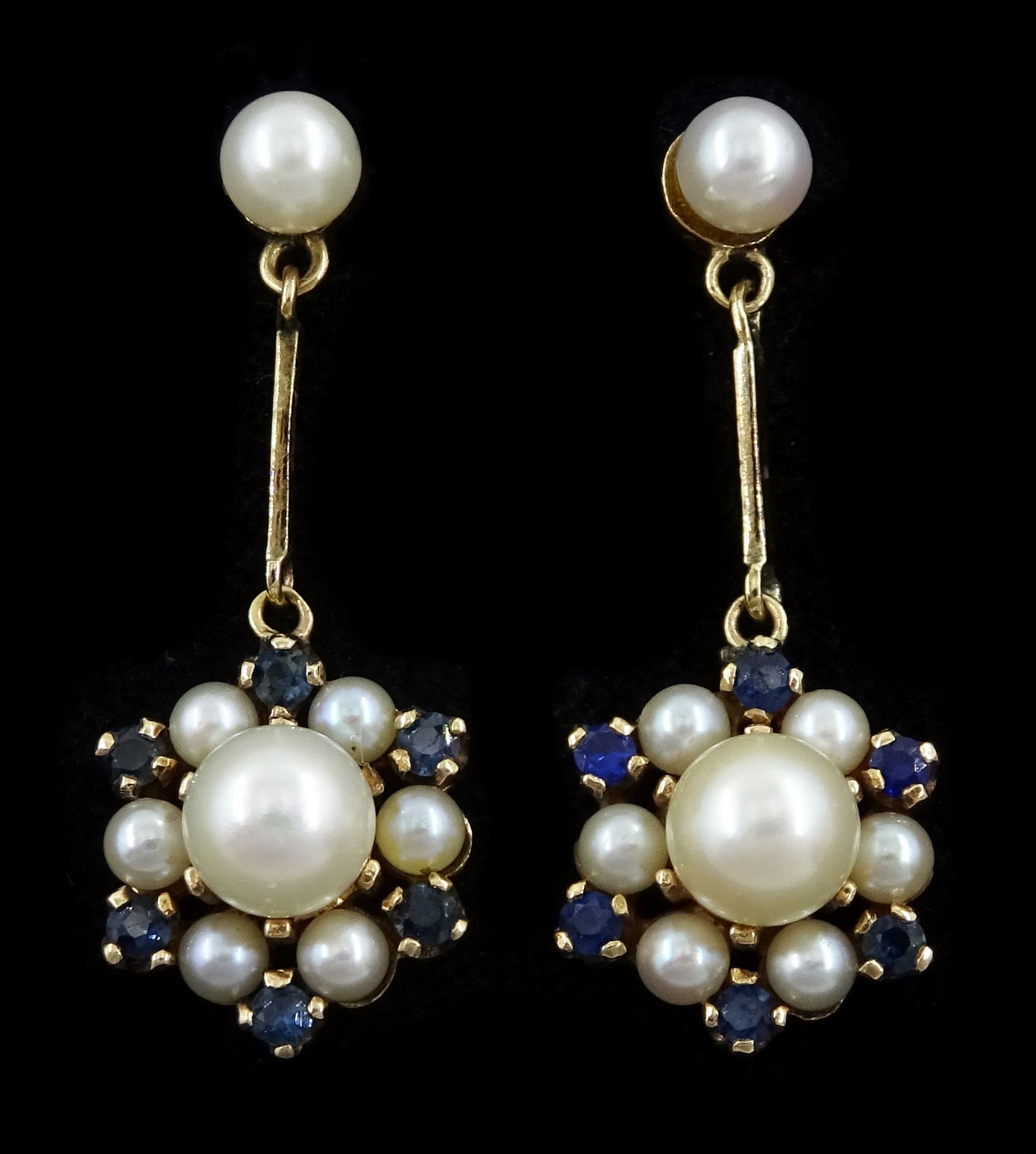 Pair of 9ct gold pearl and sapphire cluster, pendant stud earrings