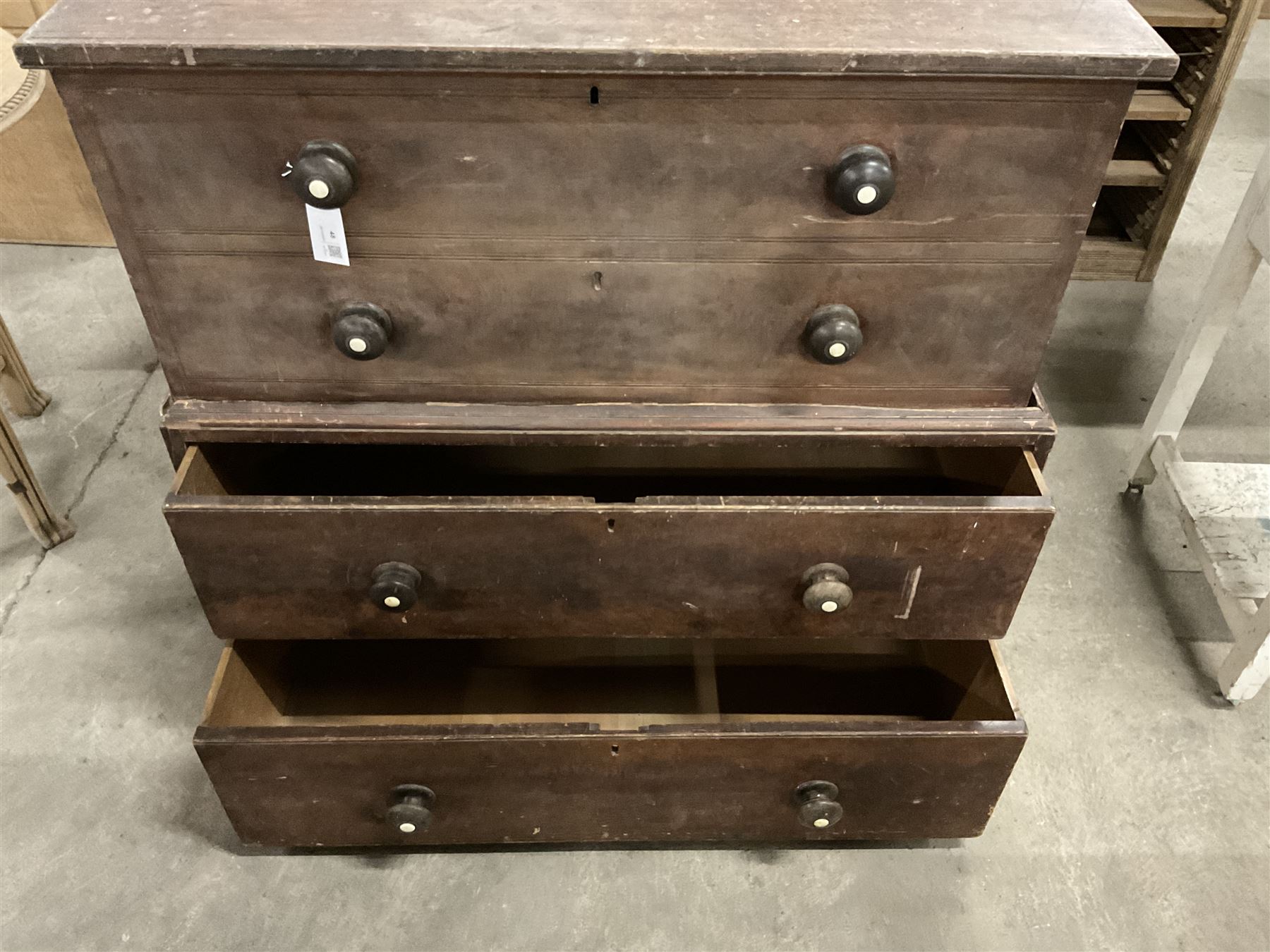 19th century scumbled pine mule chest, rectangular hinged top enclosing candle box with faux two-drawer facia, base fitted with two drawers - THIS LOT IS TO BE COLLECTED BY APPOINTMENT FROM THE OLD BUFFER DEPOT, MELBOURNE PLACE, SOWERBY, THIRSK, YO7 1QY