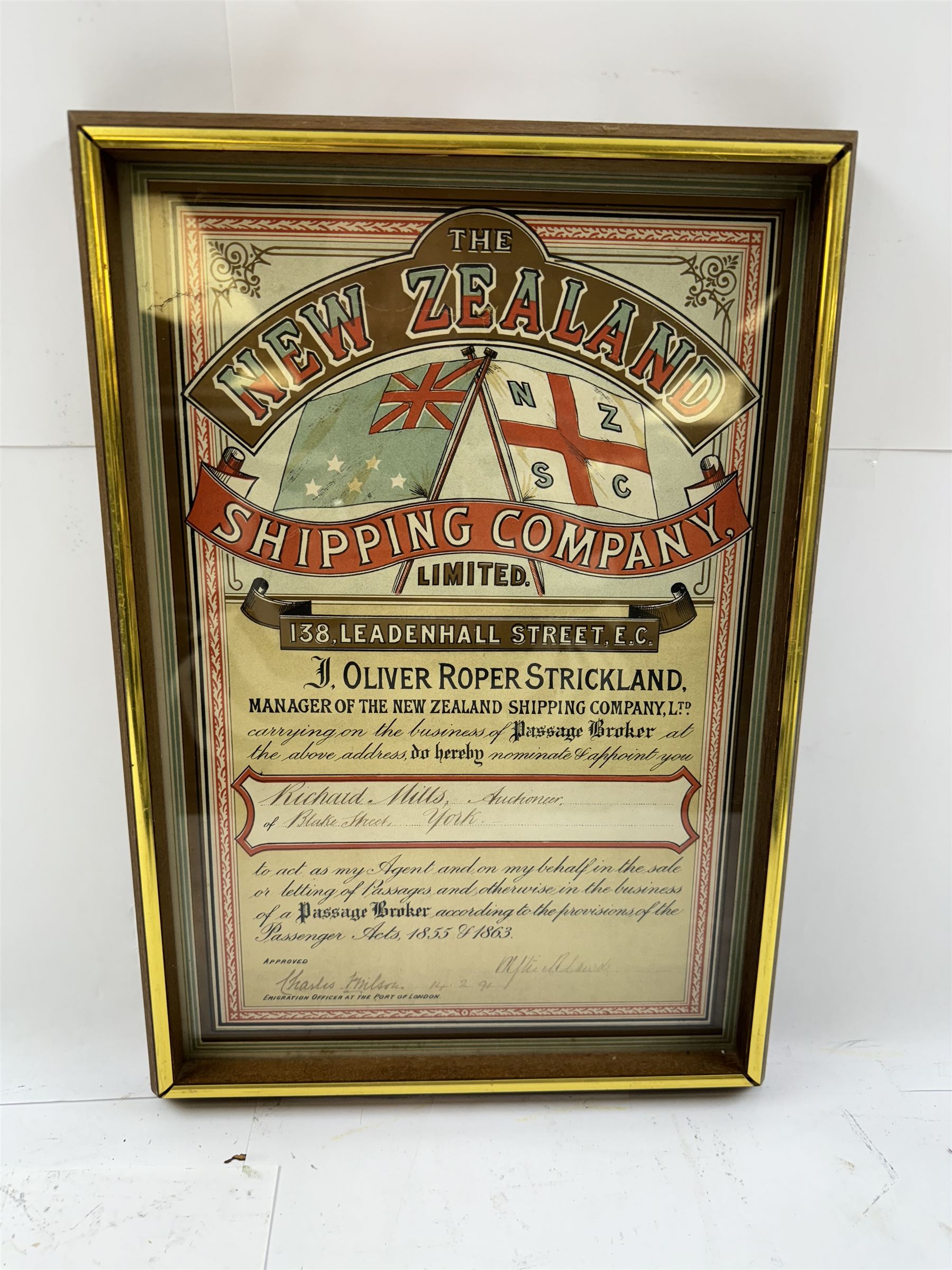 Four late 19th century/early 20th century passage broker certificates, for shipping lines including Allan Royal Mail Line, Beaver Line of Passenger Steamers, Shaw Savill & Albion Co Ltd and The New Zealand Shipping Company Limited, all within glazed wooden frames, largest H38cm