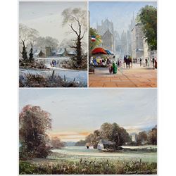 Donald Jennings (British 20th Century): 'Sunset' 'Winter' and 'The Cafe', set of three oil...