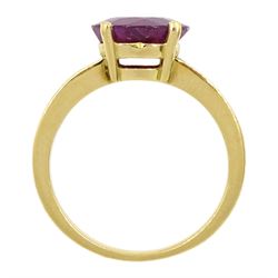 18ct gold single stone ruby ring, with channel set baguette cut diamond shoulders, ruby approx 3.25 carat, total diamond weight approx 0.85 carat