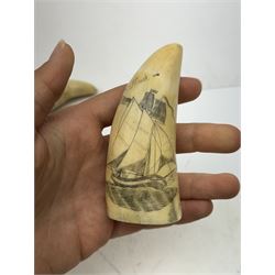 Two 19th century scrimshaw whale tooth, the first inscribed Hawk depicting ship, and the other depicting a ship, largest L9cm 