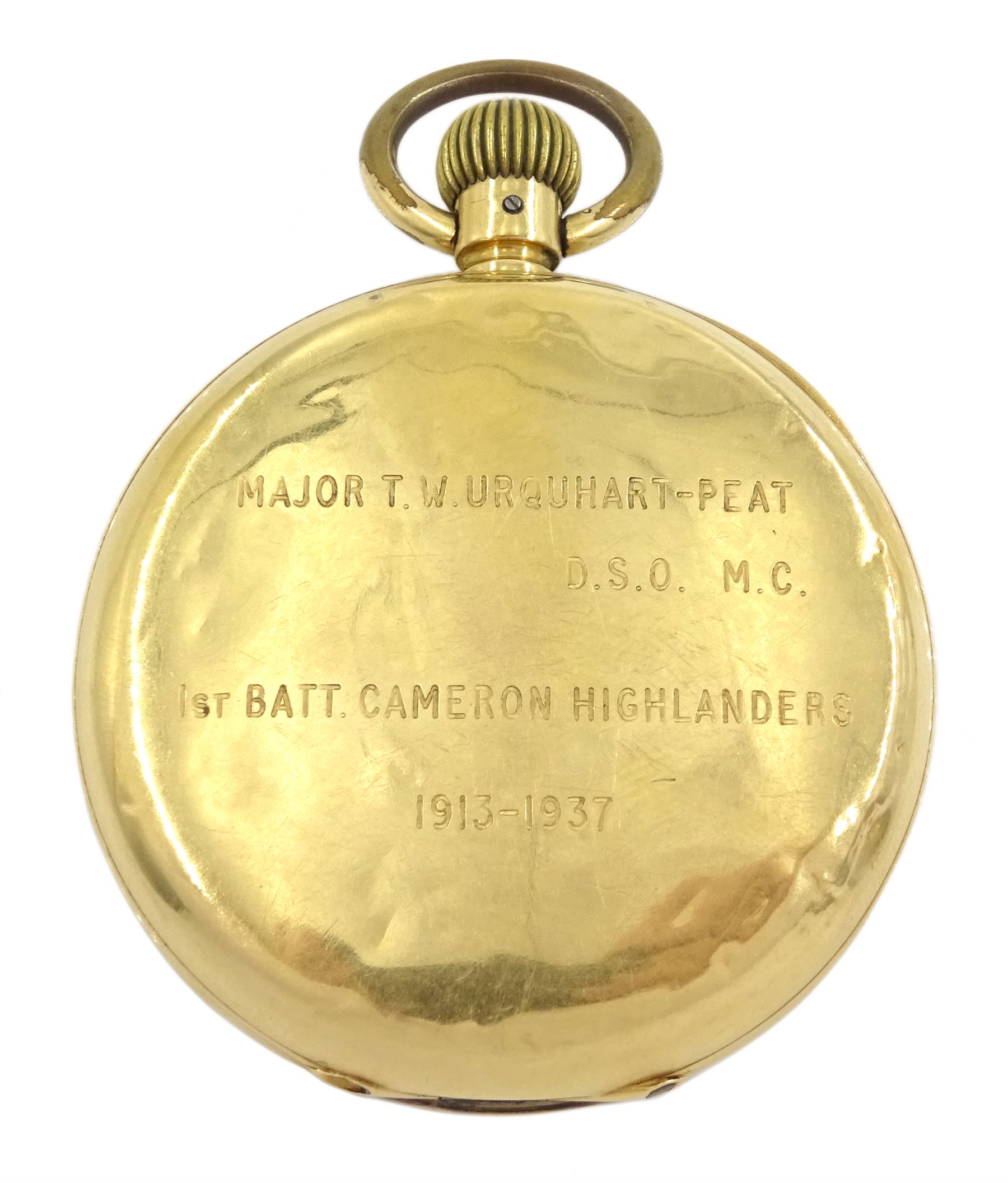 Early 20th century 18ct gold keyless Swiss lever presentation pocket watch, white enamel dial with Roman numerals and subsidiary seconds dial, case stamped 18K with Helvetia hallmark, back case engraved 'Major T.W. Urquhart-Peat D.S.O.  M.C 1st Batt. Cameron Highlanders 1913-1937'