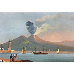 Neapolitan School (Mid 19th century): 'Vesuvius Erupting 9th Febuary 1850' seen from the Riviera di Chiaia Beach Tower over the Bay of Naples, set of three gouaches night and day with American Paddle steamer in the foreground, unsigned titled and dated 16cm x 23cm (3)