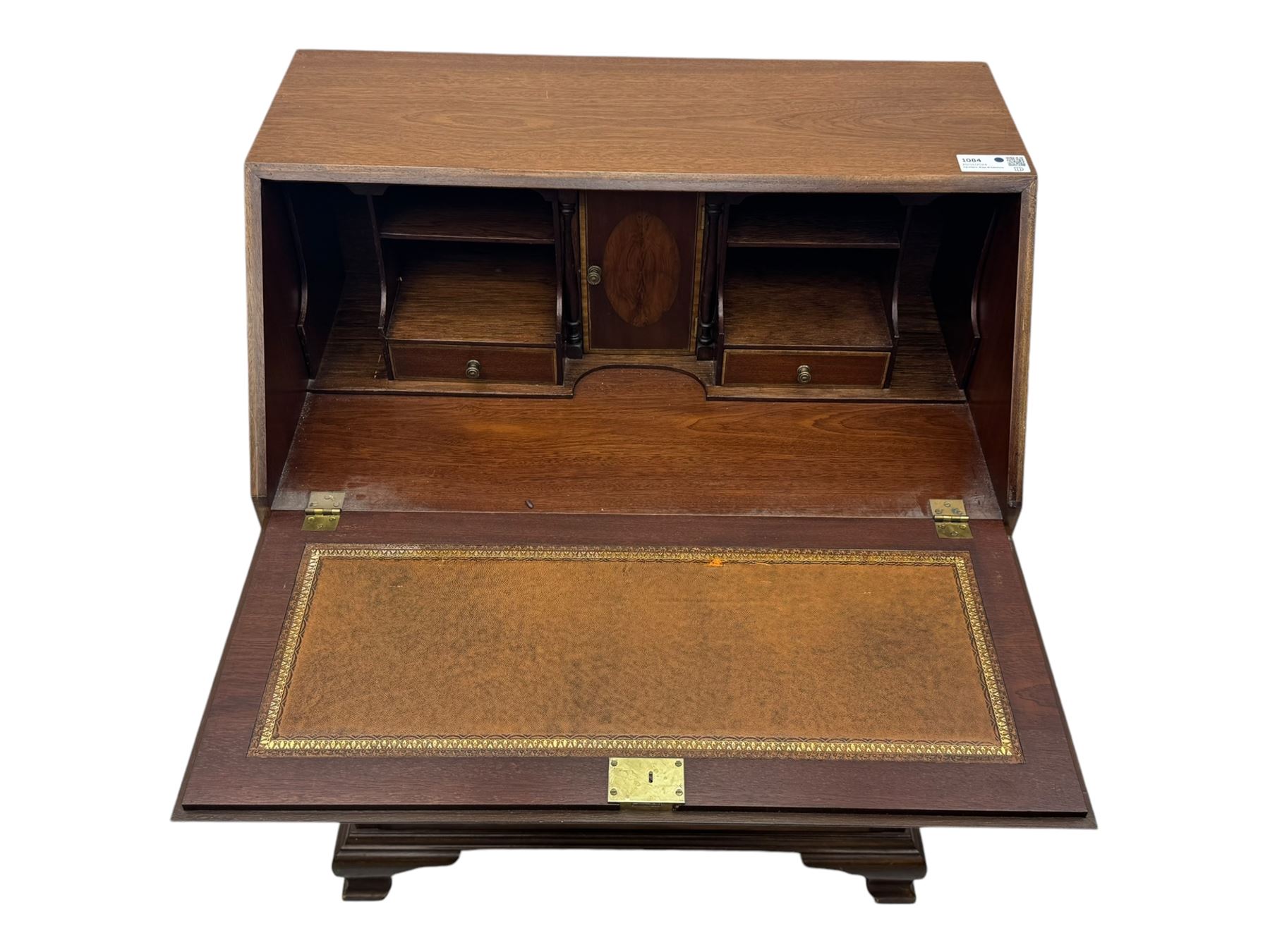 Georgian design mahogany bureau, moulded fall front with central floral inlays and satinwood band, fitted with four graduating drawers enclosed by ring turned pillars, on ogee bracket feet 