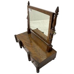 19th century mahogany dressing table mirror, rectangular plate, fitted with three trinket drawers, on ring turned uprights and supports