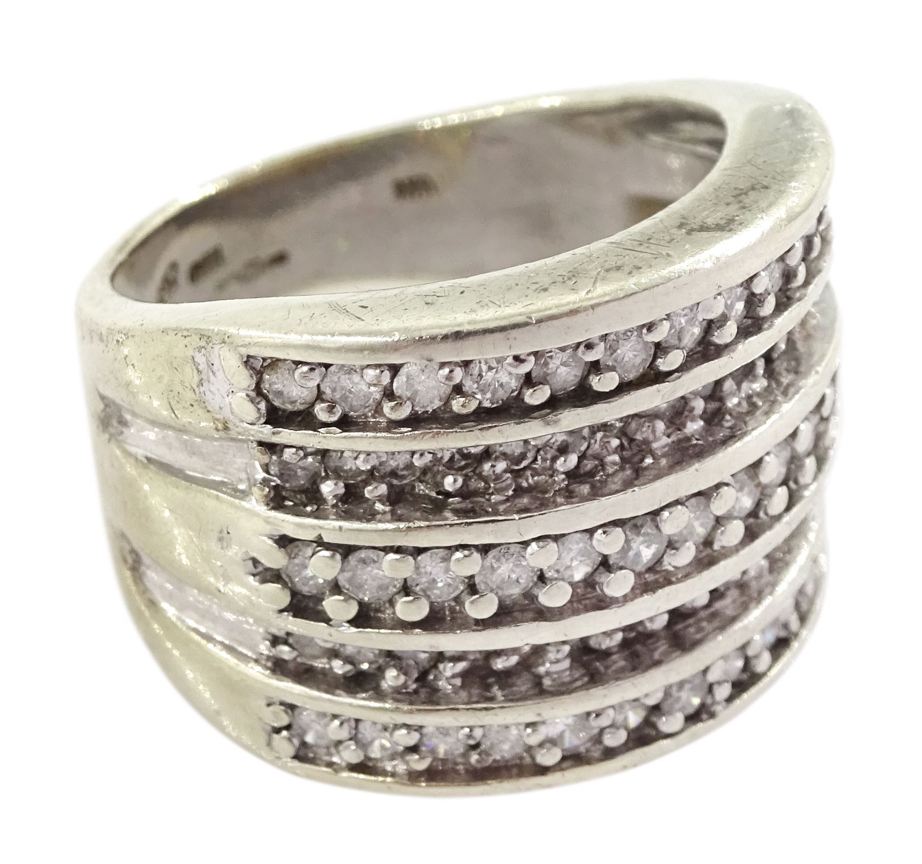 9ct gold five row round brilliant cut diamond half eternity ring, hallmarked, total diamond weight 1.00 carat