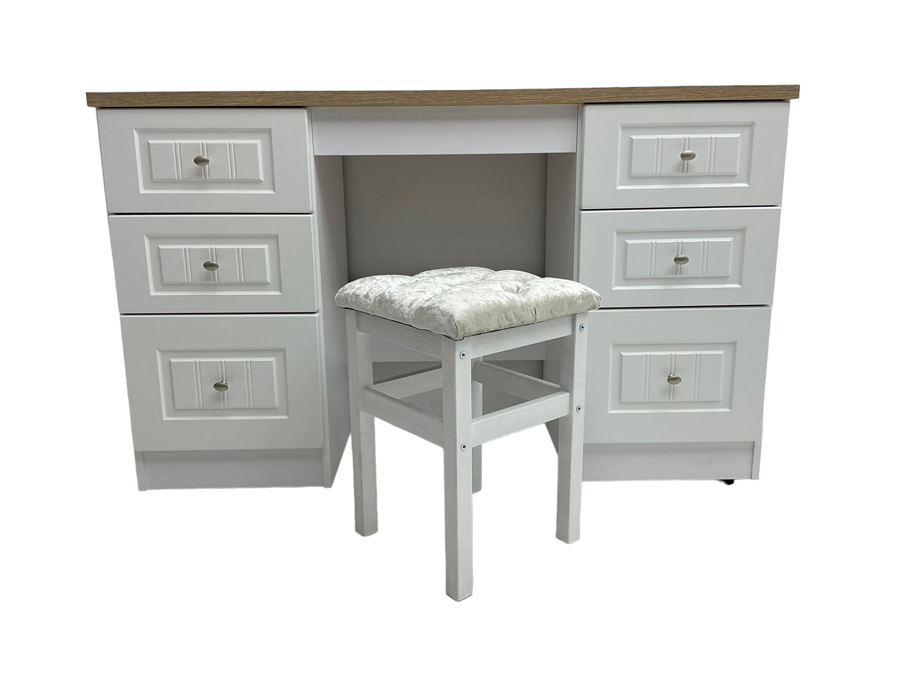 Oak and white finish twin pedestal dressing table or desk, fitted with six drawers and with stool