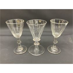 Collection of 18th century and later glassware, including set of three with twist stems and etched and fluted examples