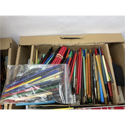 Large collection of calligraphy equipment, including pens, nibs and sets, together with other writing equipment and stationery, in three boxes