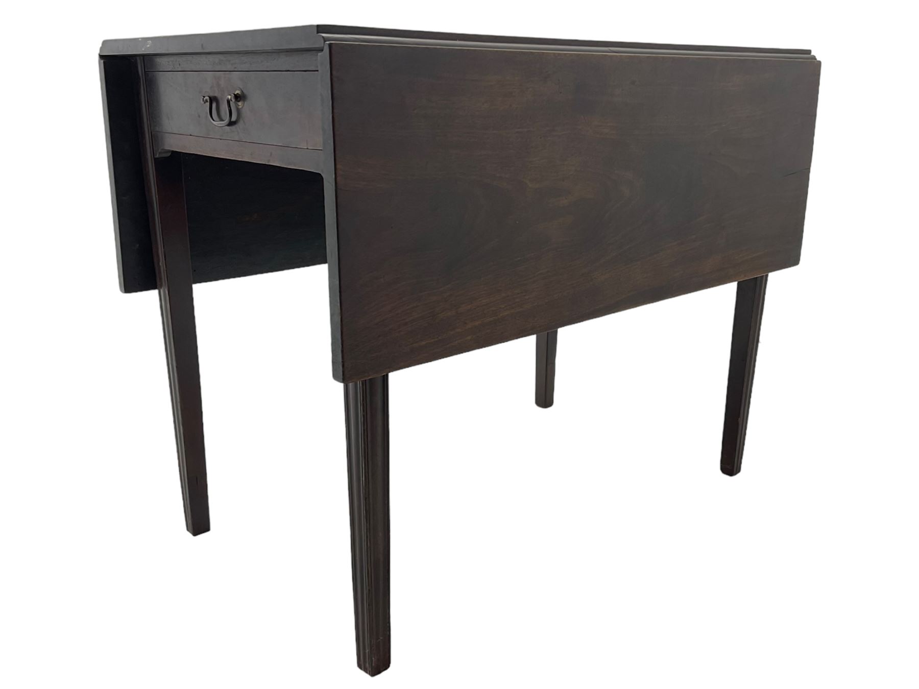 George III mahogany Pembroke table, drop-leaf rectangular top over single drawer, on square tapering moulded supports