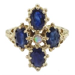 9ct gold four stone oval cut sapphire and opal ring, hallmarked