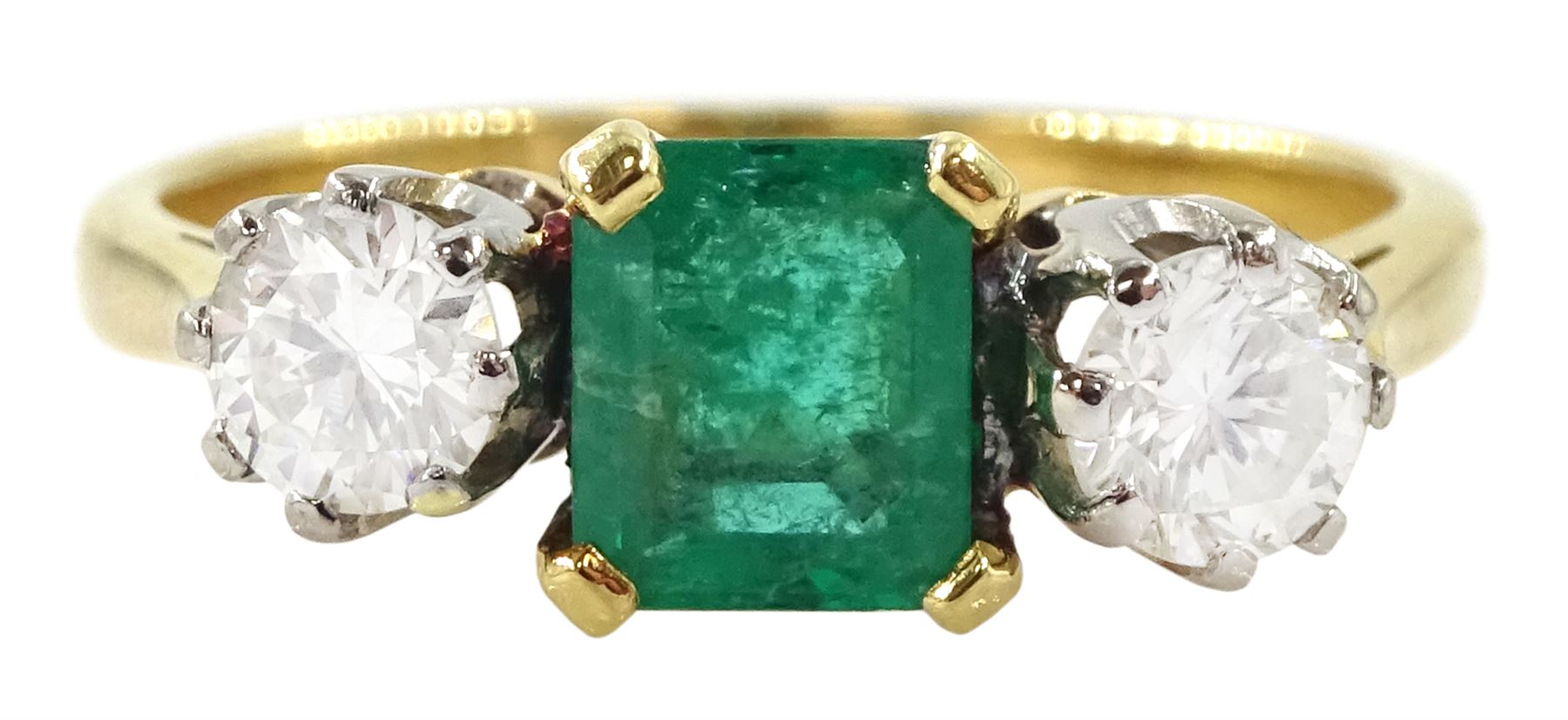 18ct gold three stone emerald and round brilliant cut diamond ring, emerald approx 0.55 carat, total diamond weight approx 0.45 carat