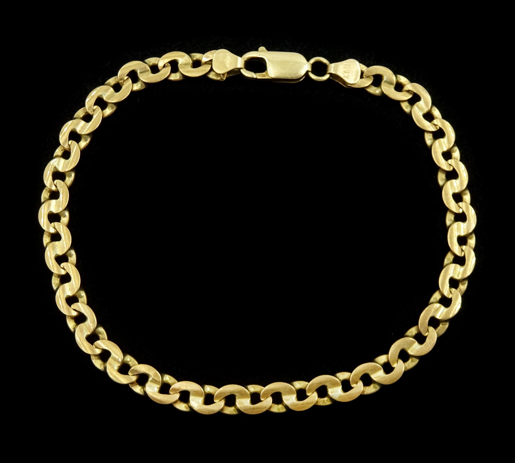 9ct gold flattened infinity link chain bracelet, Sheffield import mark