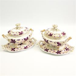 Pair of early 19th century porcelain sauce tureens and covers on stands, possibly Coalport...