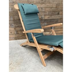 Pair of solid teak adjustable garden steamer armchairs, stainless brackets, with cushions