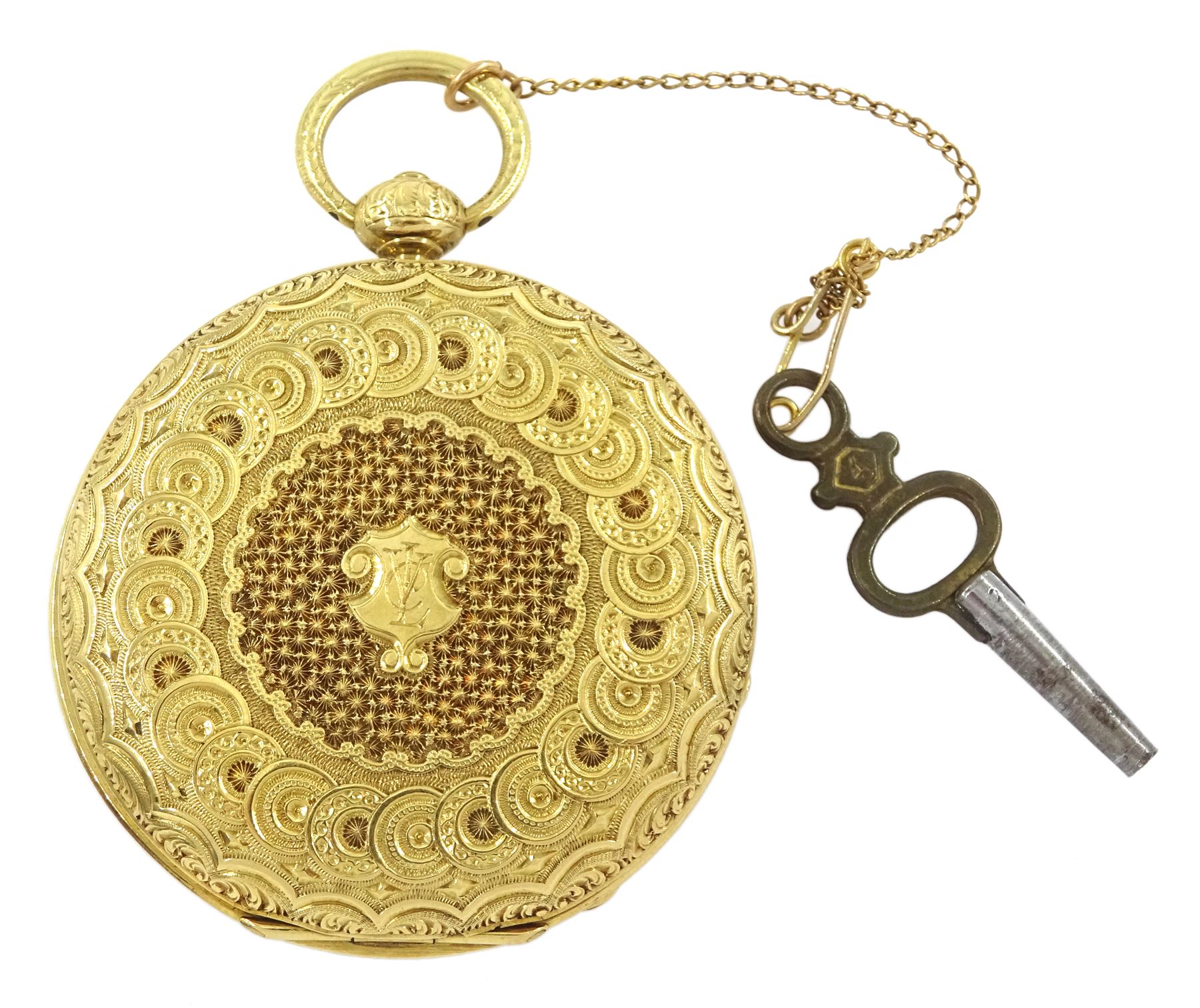 Early 20th century 18ct gold open face key wound cylinder pocket watch, gilt dial with Roman numerals, case with ornate decoration and cartouche, stamped 18K