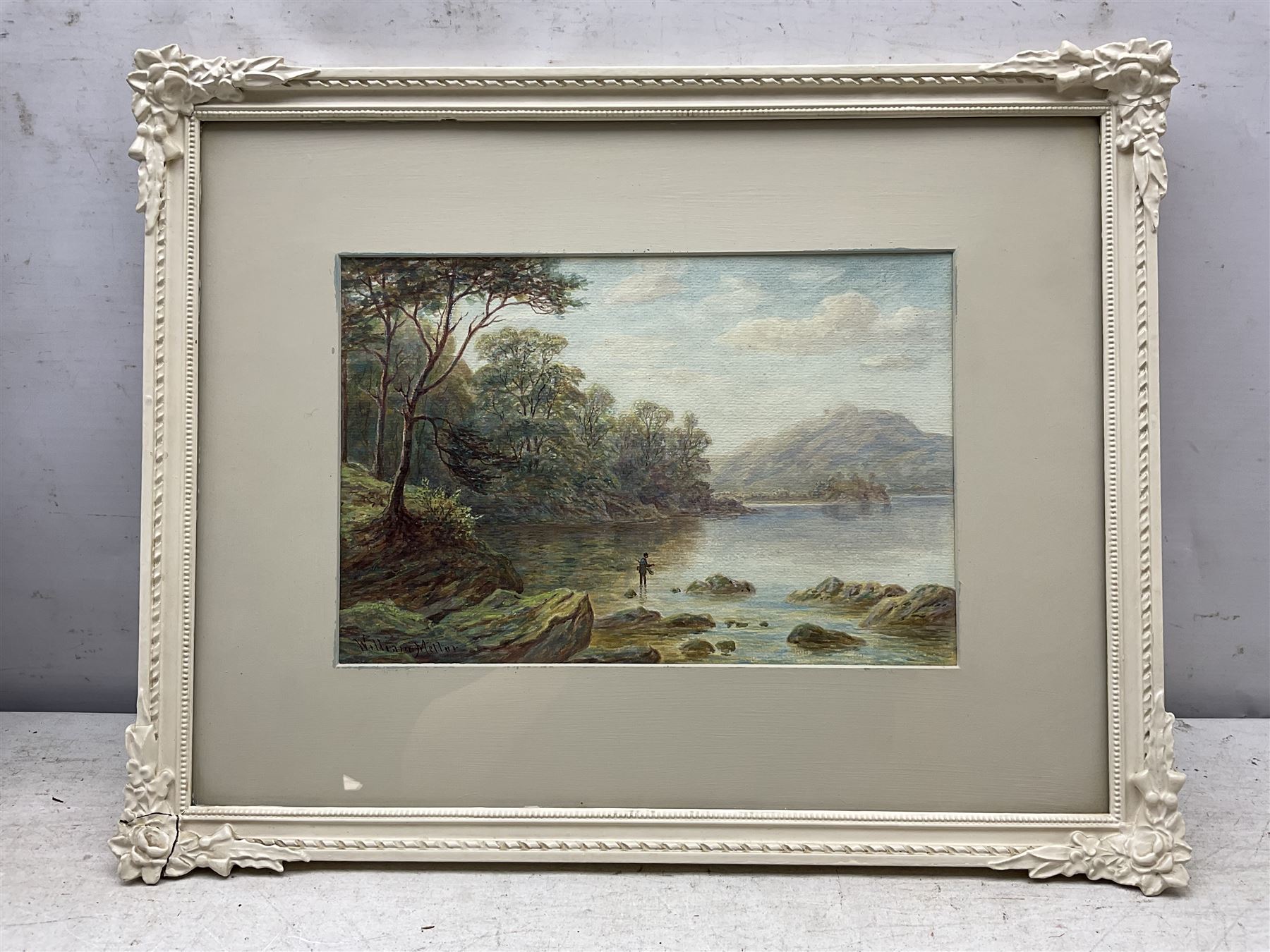 William Mellor (British 1851-1931): Fishing in Lake District Landscape, watercolour signed 19cm x 29cm 