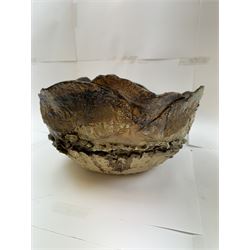 Peter Hough (British Contemporary): slab built stoneware sculptural bowl, of abstract floral design with applied and incised decoration throughout, H21cm, D37cm