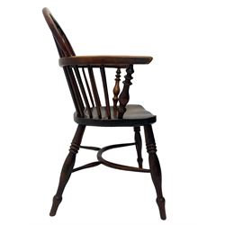 19th century yew wood and elm Windsor armchair, low double hoop stick and pierced splat back, dished seat on turned supports united by crinoline stretchers