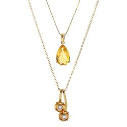 Gold orange sapphire and diamond pendant necklace and a gold single stone pear cut citrine pendant necklace, both 9ct