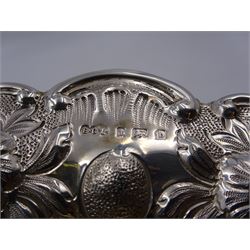 Edwardian silver pedestal bowl, of circular form, with shaped C scroll rim, embossed with floral and foliate decoration throughout, upon a circular foot, hallmarked Elkington & Co Ltd, Birmingham 1901, H9.5cm, D25cm