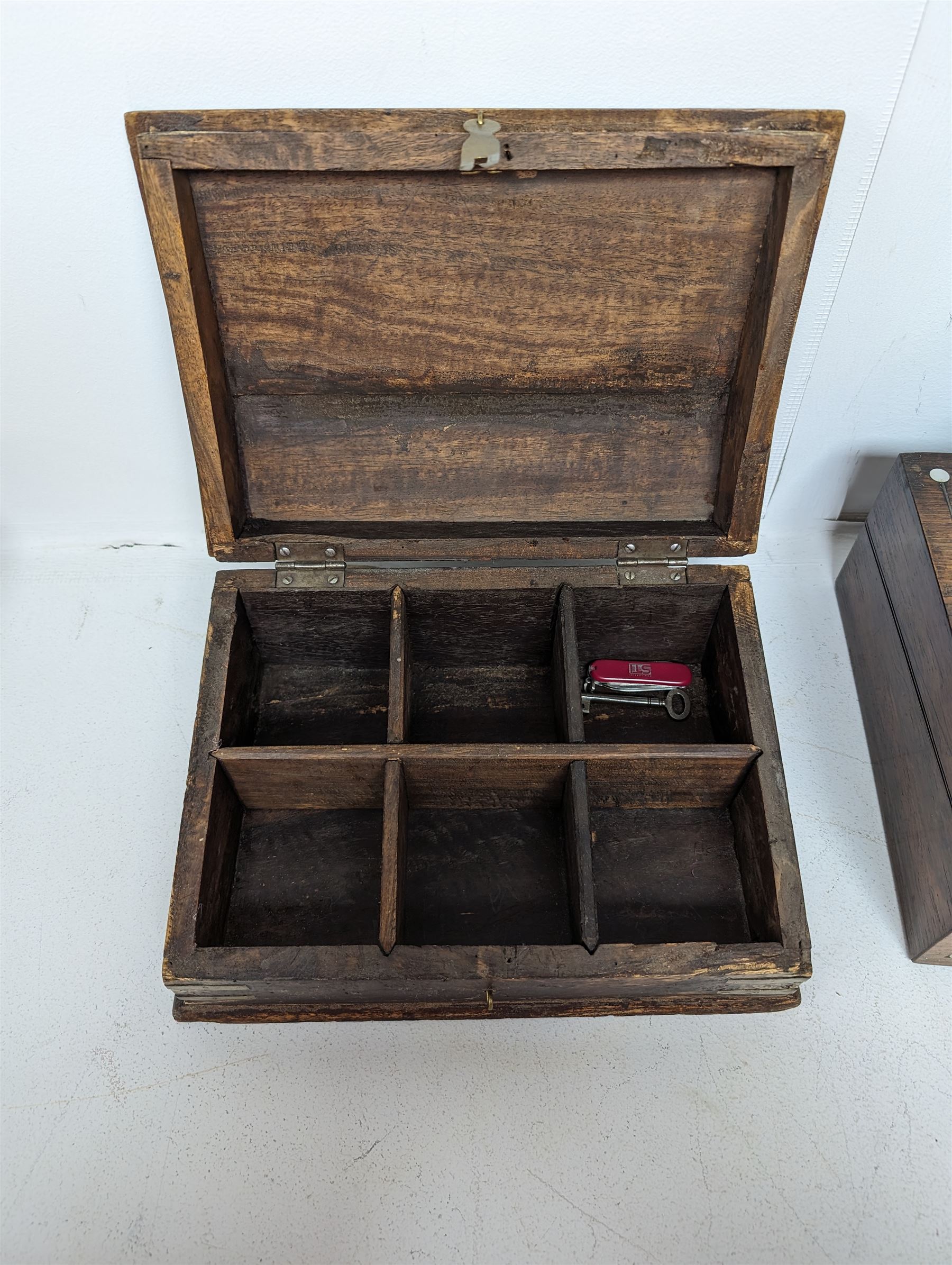 Brass bound wooden box, the hinged lid opening to reveal compartments, together with two other boxes 