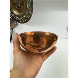 Keswick School of Industrial Arts, flared vase of cylindrical form, together with an Arts and Crafts plated copper, an embossed tray, copper dishes and charger 