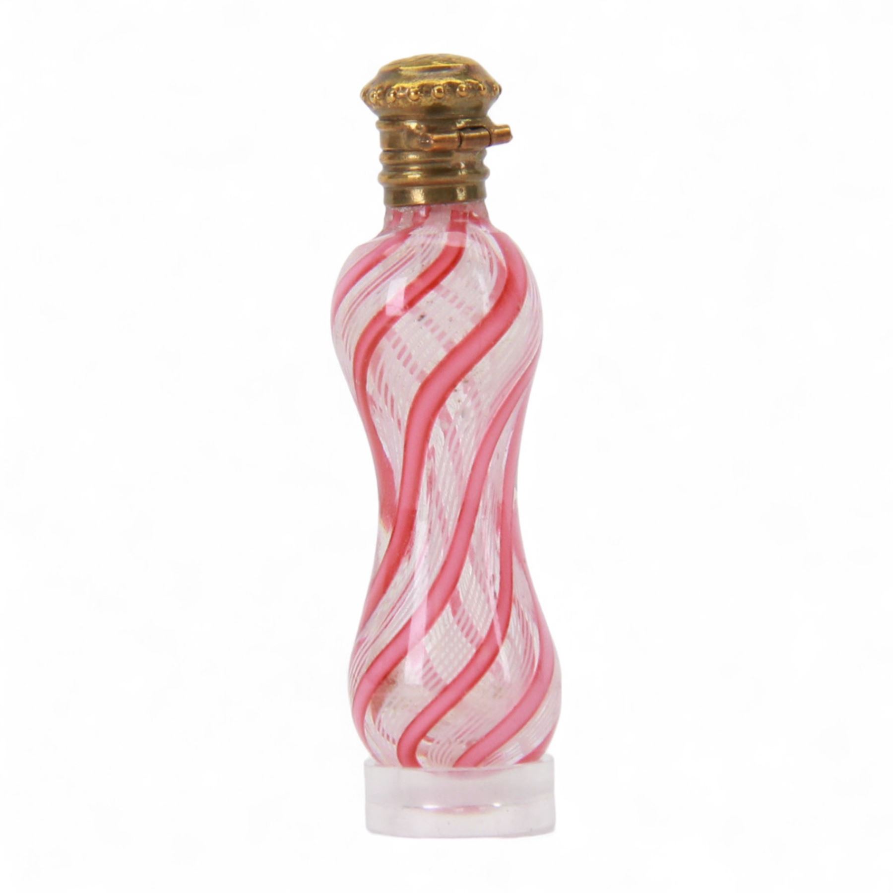 Small 19th century Clichy glass scent bottle, circa 1860, the waisted cylindrical body decorated with pink and white cane stripes, with dore bronze hinged cover opening to reveal internal glass stopper, H6cm