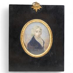 Attrib. Henry Edridge (British 1768-1821): Portrait of 'Henry Hamilton' (Irish c.1780-1850) Wearing a Blue Jacket, miniature watercolor on ivory inscribed and dated c.1795, 8cm x 6cm
Provence: direct from the family of the sitter.
Notes: Henry Hamilton was the son of the Irish politician Sackville Hamilton (1732-1818), and grandson of The Honorable Henry Hamilton (1692-1743). This item has been registered for sale under Section 10 of the APHA Ivory Act