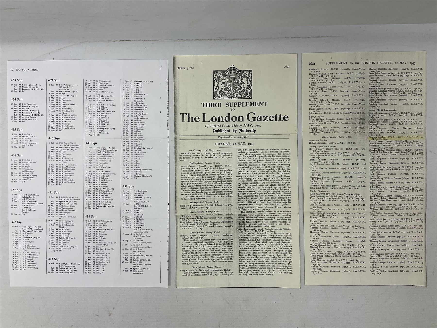WW2 Royal Canadian Air Force group of five medals comprising Distinguished Flying Cross inscribed verso 1945 F/L Stephen M. Byrne 433 Squadron 1939/1945, 1939-1945 Star, Air Crew Europe Star, 1939-1945 War Medal and Canadian Volunteer Service Medal with maple leaf clasp; together with copies of research material including London Gazette Supplement