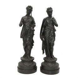 Pair of 19th century French spelter figures 'Eloquentia' and 'Prudentia' on wooden bases H52cm