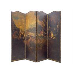 19th century four panel folding room screen, each leather panel painted with scenes from 'The Embarkation for Cythera' after Jean-Antoine Watteau (French 1684-1721), depicting a fête galante celebration with amorous couples and Cupids, with them a gilt statue of Venus, set within a classical capriccio landscape on the Greek island of Cythera, inscribed and titled verso with a verse from 'Ode on a Grecian Urn' by John Keats