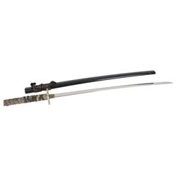 Japanese katana with circular tsuba with simple flower decoration, with black lacquer Saya (scabbard), L101cm overall