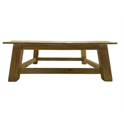 Pitch pine coffee table, moulded top square top raised on splayed supports united by box stretchers 