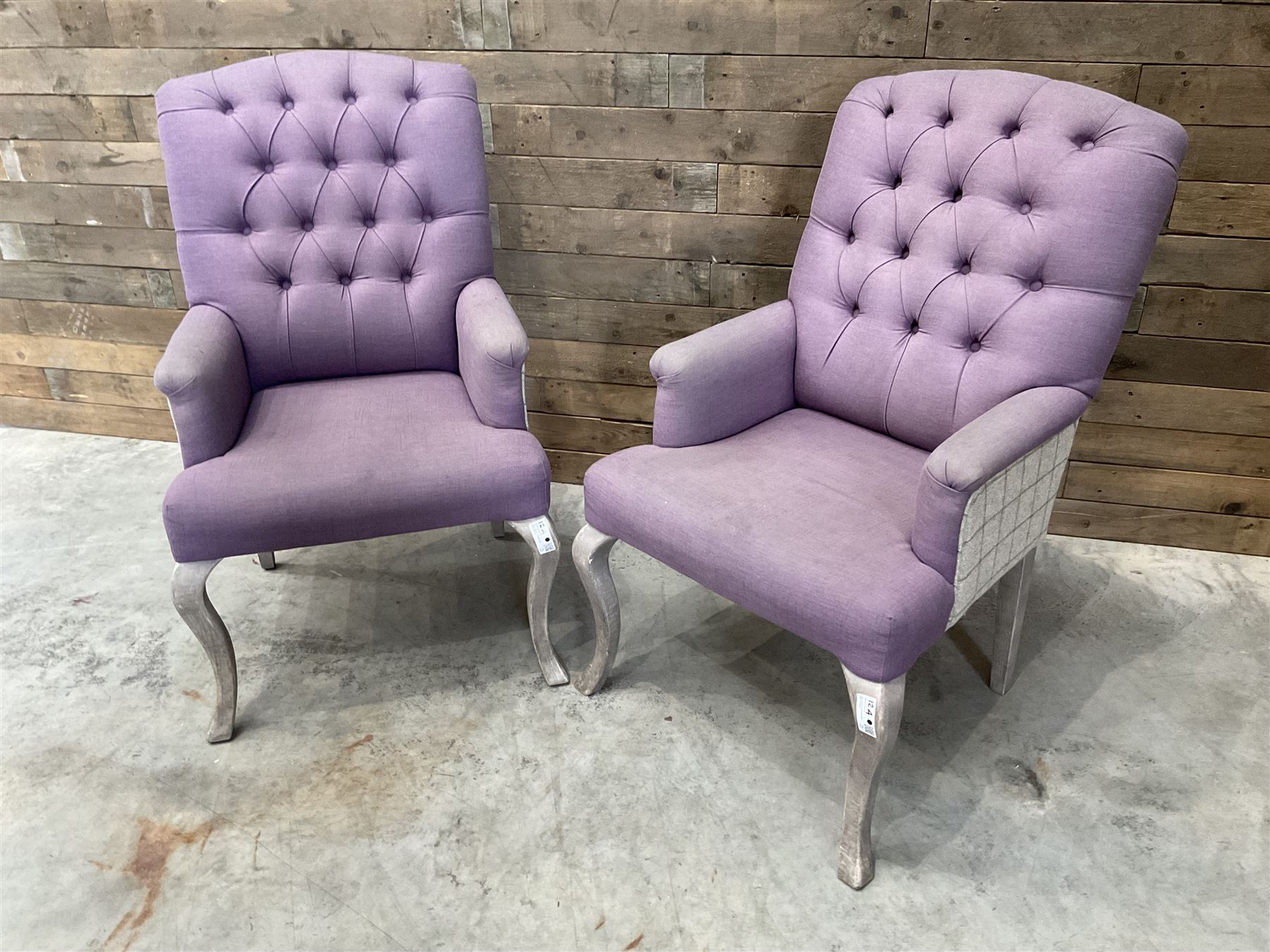 Voyage - two high back armchairs upholstered in buttoned lilac and tweed fabric, painted cabriole legs