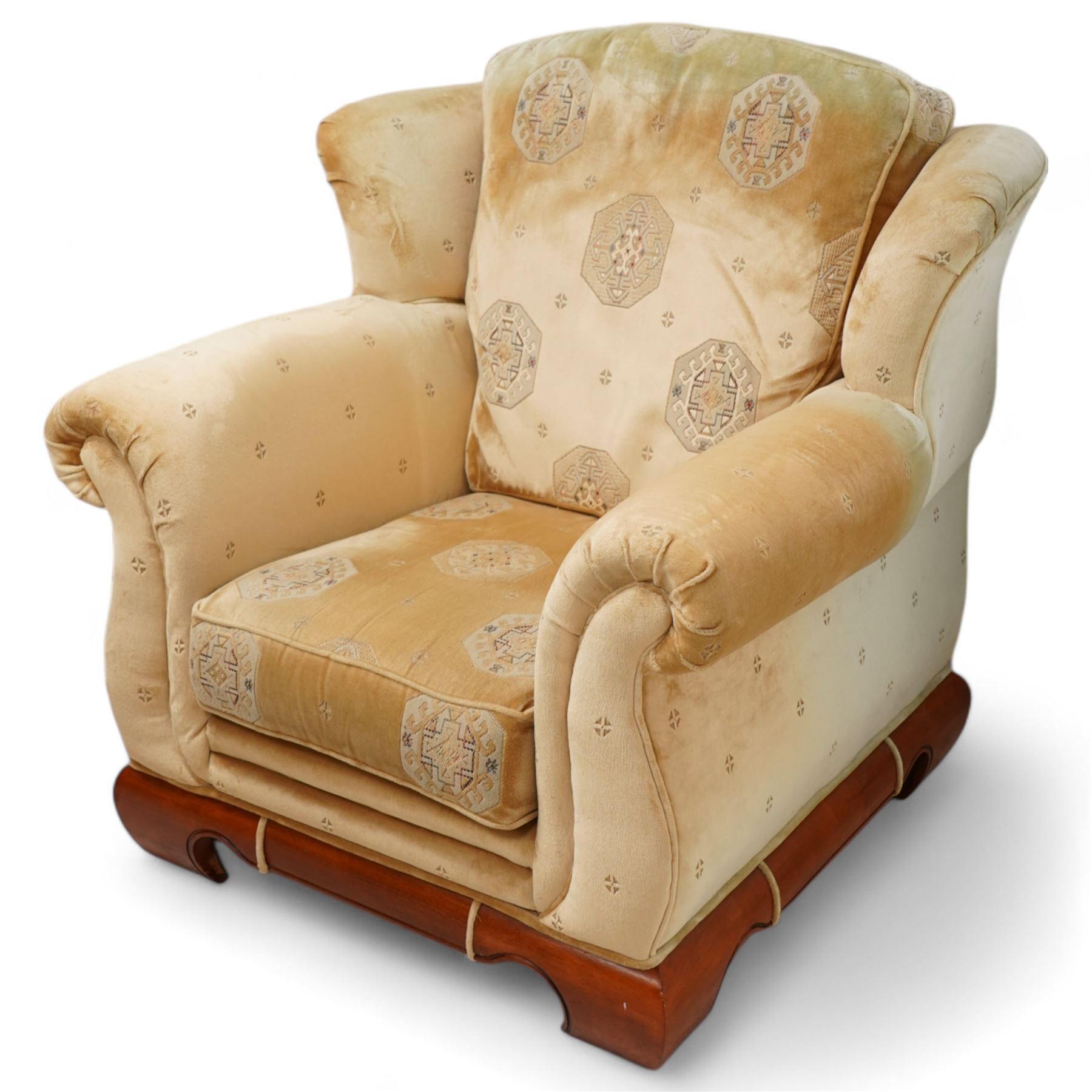 Three-seat sofa (W197cm, D103cm) and pair of matching armchairs (W100cm); upholstered in pale gold fabric decorated with Gul motifs, hardwood framed with polished base