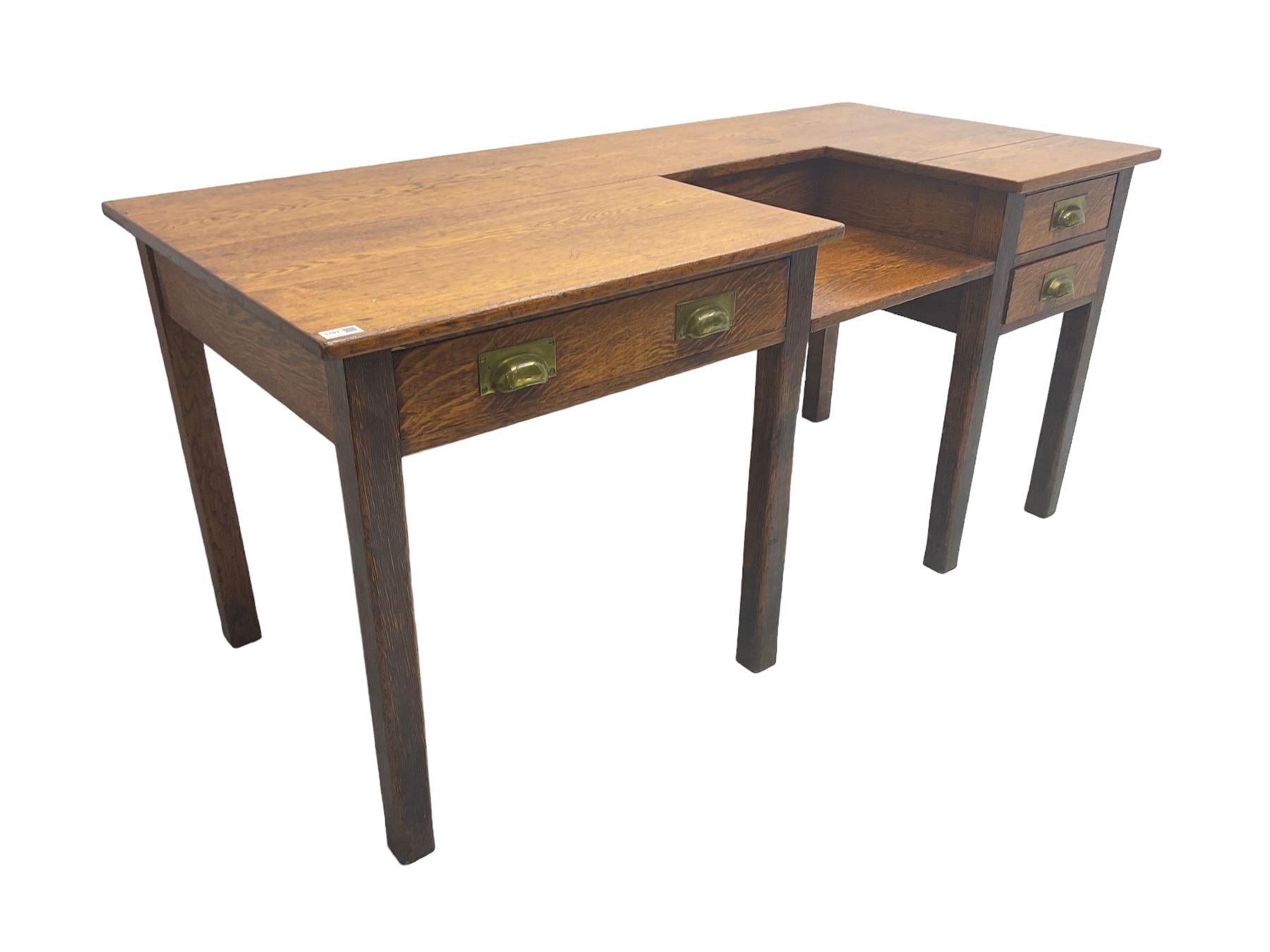 Early 20th century oak clerks desk, fitted with drop centre and drawers, on square supports