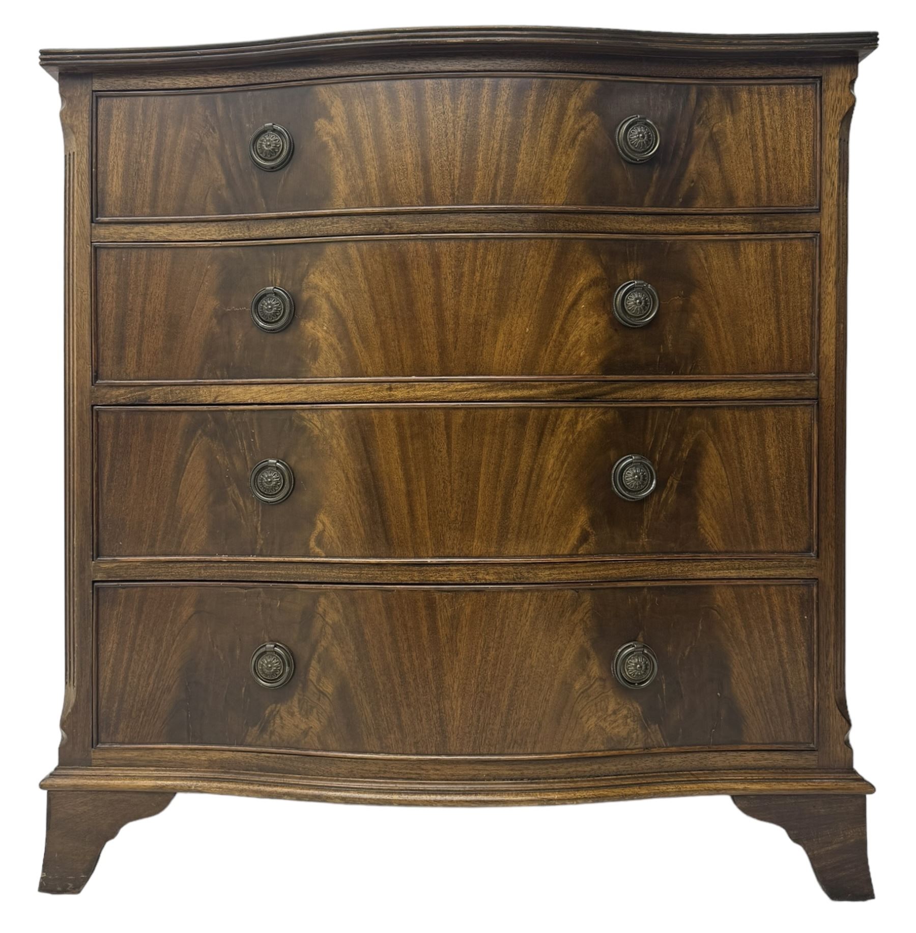 Georgian design mahogany serpentine chest, shaped banded top over four graduating cock-beaded drawers, on bracket feet 