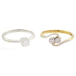 9ct white gold single stone round brilliant cut diamond ring, diamond 0.25 carat and an early 20th century 18ct gold milgrain set two stone old cut diamond ring, stamped