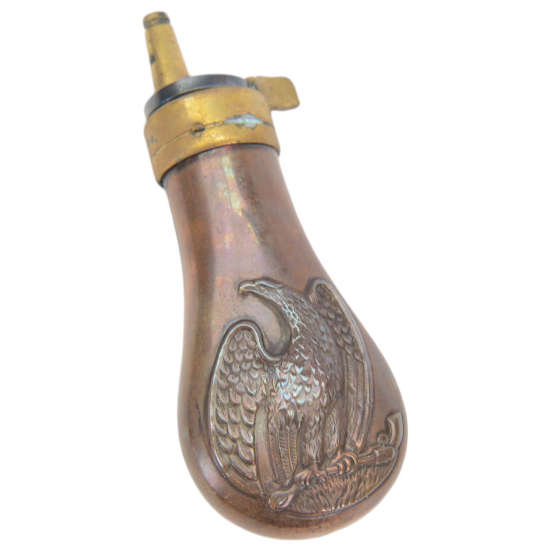 Colt pistol copper and brass powder flask embossed with an eagle H11cm